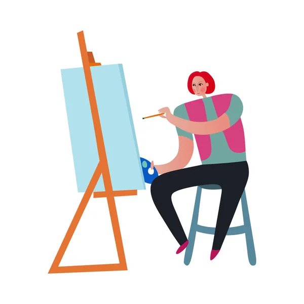 Female Artist Painting Canvas Flat Vector Illustration — Stock Vector