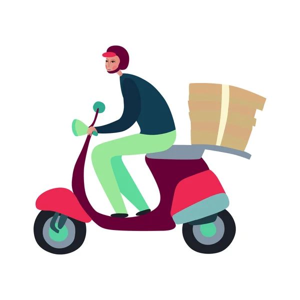 Courier Delivering Pizza Scooter Flat Vector Illustration — Stock Vector