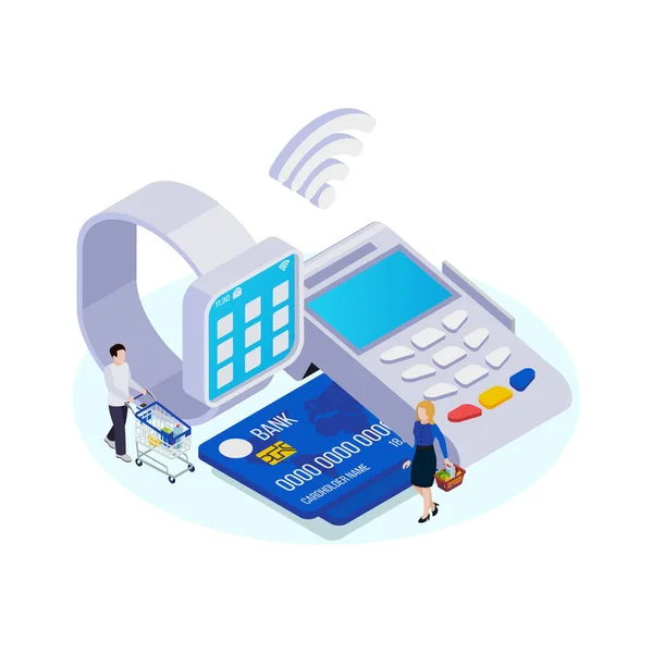 Ασύρματη Τεχνολογία Cashless Πληρωμής Ισομετρική Έννοια Smartwatch Πιστωτική Κάρτα Διανυσματική — Διανυσματικό Αρχείο