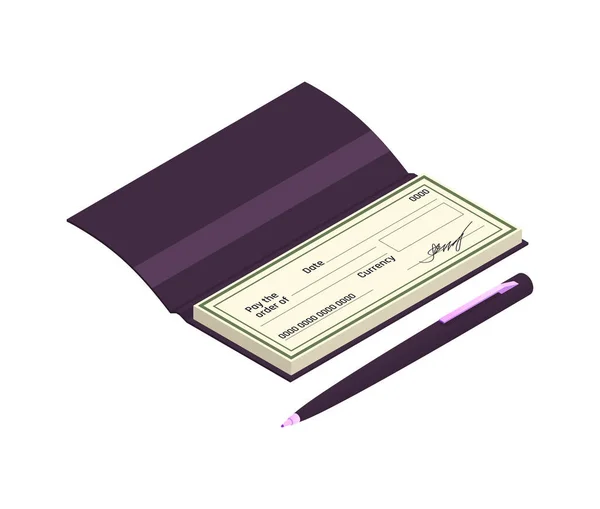 Livro Cheques Branco Isométrico Com Caneta Ícone Ilustração Vetorial — Vetor de Stock