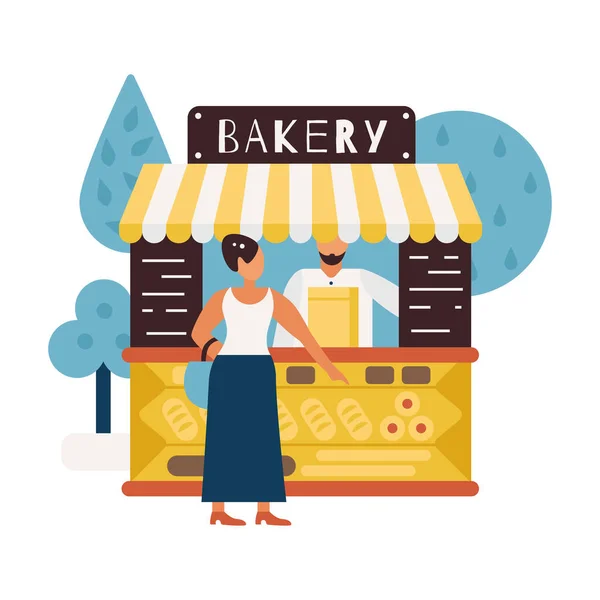 Bakery Shop Stall Male Vendor Female Buyer Flat Vector Illustration — Stock Vector