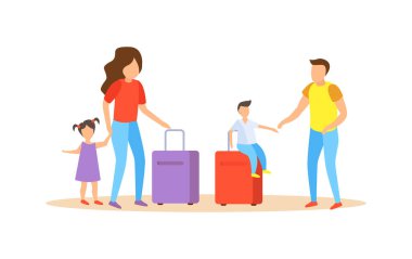 Aile aktivitesi düz konsept ile ebeveynler ve çocuklar birlikte seyahat vektör illüstrasyon