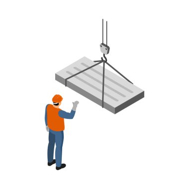 İnşaat alanı izometrik vektör illüstrasyonunda erkek müteahhit ve beton kaplama.