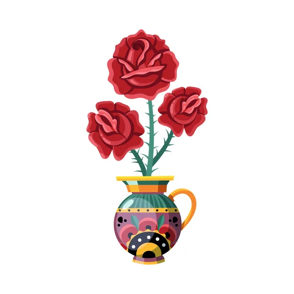 カラフルな装飾花瓶フラットベクトルイラストで赤いバラの束 — ストックベクタ
