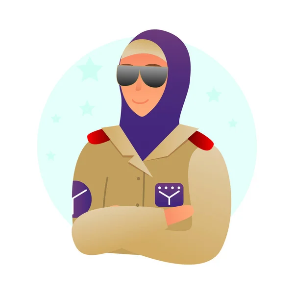 Müslüman Kadın Mesleği Düz Simge Kadın Ordu Üniformalı Vektör Çizimi — Stok Vektör