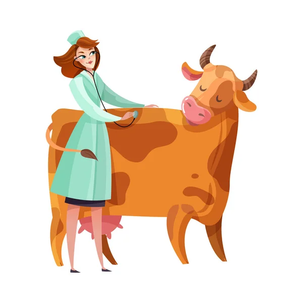 Smiling Female Vet Examining Cow Stethoscope Flat Vector Illustration — ストックベクタ
