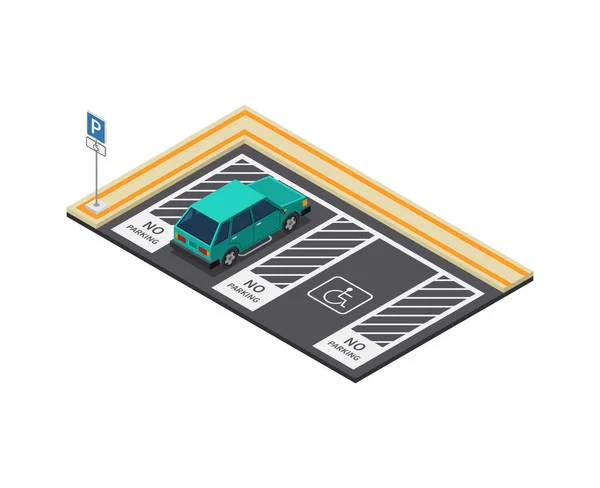Parkeerplaats Met Geparkeerde Auto Geen Parkeerzones Isometrische Vector Illustratie — Stockvector
