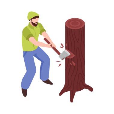 Lumberjack cutting down tree trunk with axe isometric icon 3d vector illustration clipart
