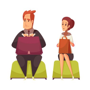 Evrak çantalı endişeli iş adayları çizgi film çizimleri için bekliyor.