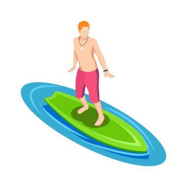 Sörfçü adam vektör illüstrasyonlu su sporu izometrik simgesi