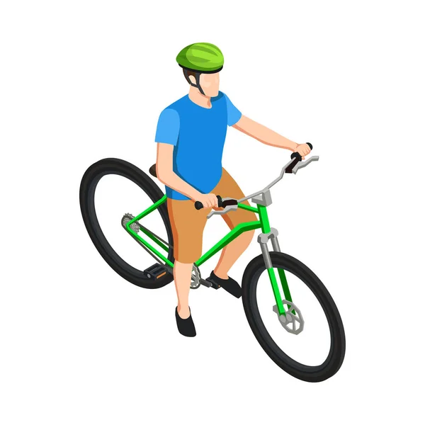 Ισομετρική Αρσενικό Ποδηλάτης Φορώντας Κράνος Ποδήλατο Διανυσματική Απεικόνιση — Διανυσματικό Αρχείο