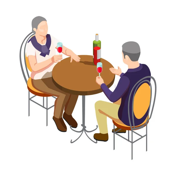Изометрические Пожилые Люди Пьют Вино Векторной Иллюстрации Ресторана — стоковый вектор