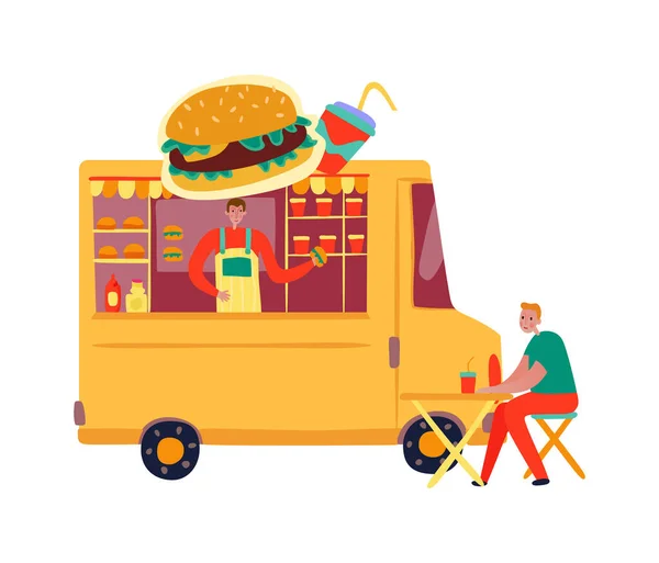 Camion Fast Food Con Hamburger Bevande Cliente Seduto Tavola Illustrazione — Vettoriale Stock