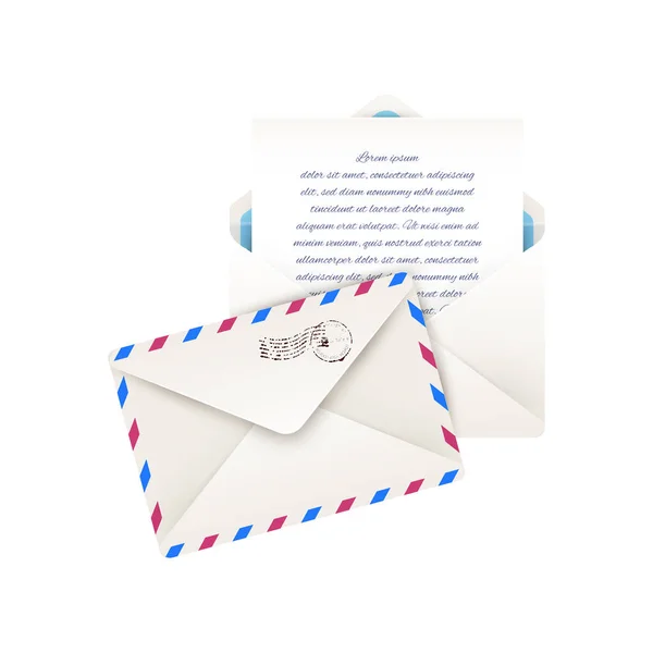 手紙テンプレートベクトルイラストと現実的な郵便封筒 — ストックベクタ