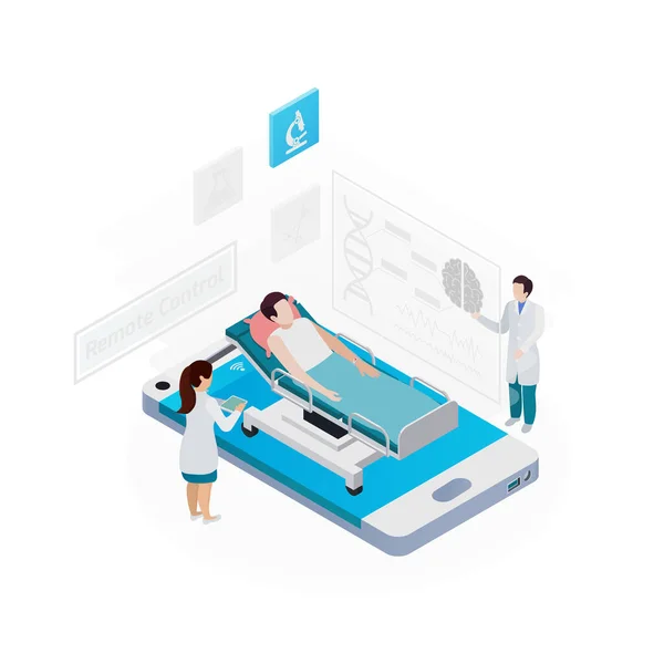 躺在床上的病人和医生监测他的在线病媒说明的等距远程遥控概念 — 图库矢量图片