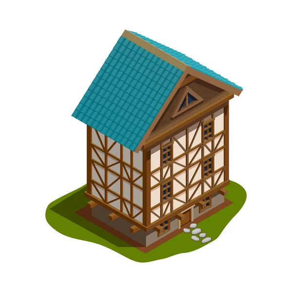 Isometric Arsitektur Abad Pertengahan Residentrial Pedesaan Rumah Vektor Ilustrasi - Stok Vektor