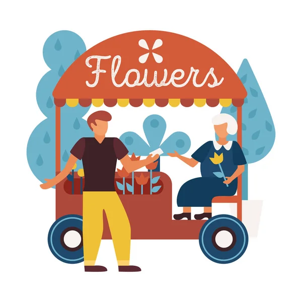 Cabine Chariot Fleuriste Avec Client Mâle Achetant Des Fleurs Illustration — Image vectorielle