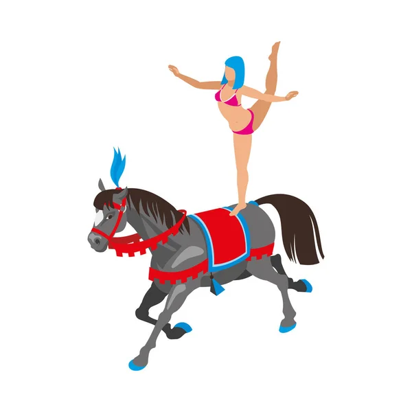 Samica Vaulter Circus Acrobat Występująca Ilustracji Wektora Izometrycznego Konia — Wektor stockowy