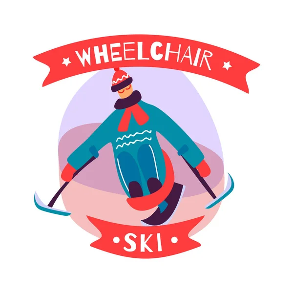 Engelli Insanlar Tekerlekli Sandalye Vektör Illüstrasyonunda Kayak Yaparken Düz Amblem — Stok Vektör