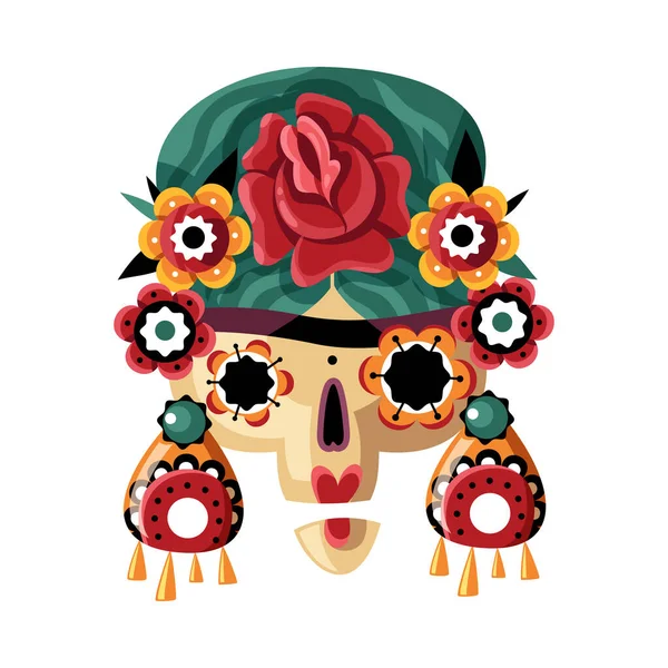墨西哥传统意义上的头盖骨口罩节日 头盖骨口罩配花平面矢量图解 — 图库矢量图片