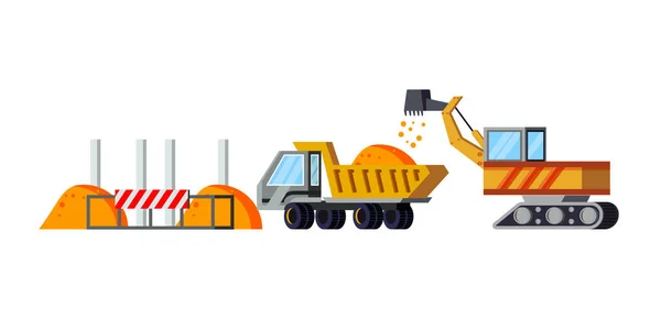 Sitio Construcción Plana Con Excavadora Ilustración Vectores Camiones — Vector de stock