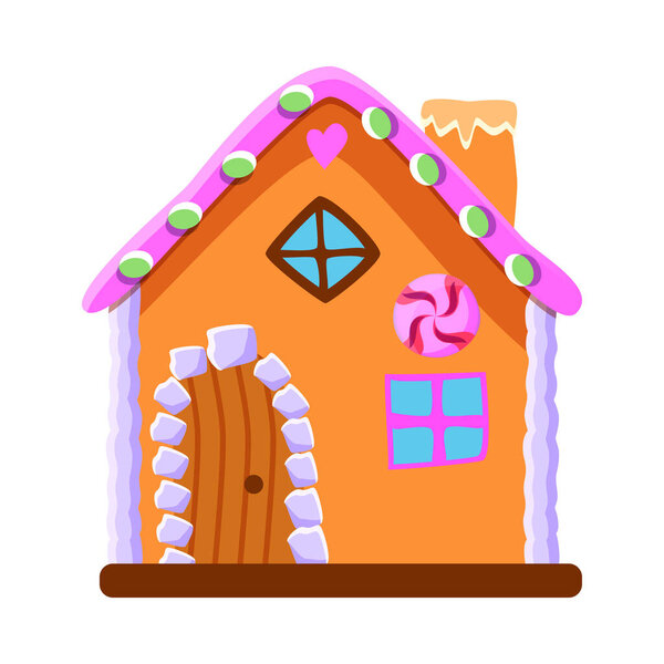 Magic sweet gingerbread house decorated with various colorful candies flat vector illustration