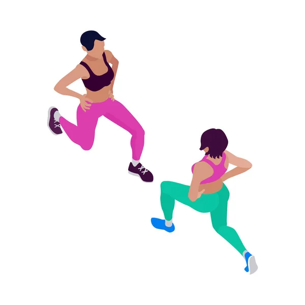 Kvinnor Som Gör Fitness Lungor Isometrisk Vektor Illustration — Stock vektor