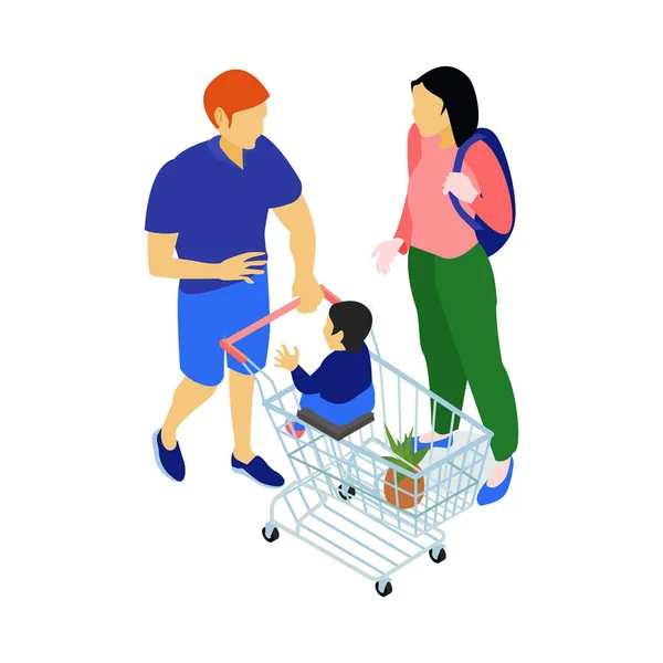 家族ともに小さな子供でスーパーマーケットでショッピングトロリー3D等角ベクトルイラスト — ストックベクタ