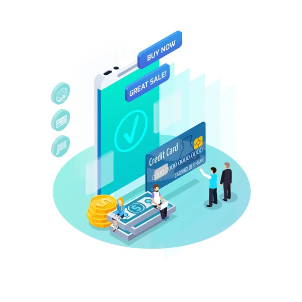 Commerce Online Shopping Isometrisches Konzept Mit Kreditkarte Geld Kunden Smartphone — Stockvektor