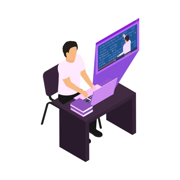 Online Education Glow Isometric Icon Male Student Watching Maths Video — 스톡 벡터