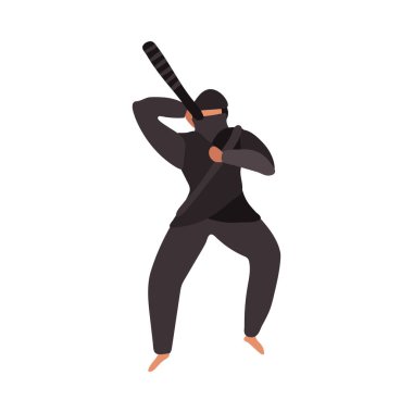 Sırtındaki düz vektör çiziminin arkasında Katana olan Ninja.