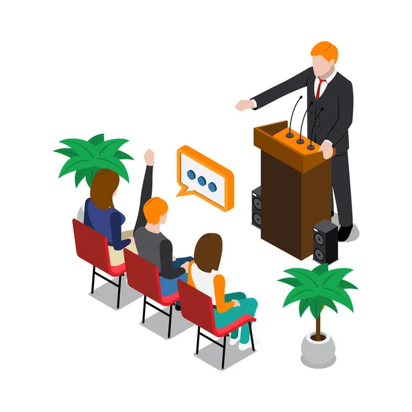 People Asking Questions Professional Coach Business Training Seminar Isometric Concept — Stock Vector