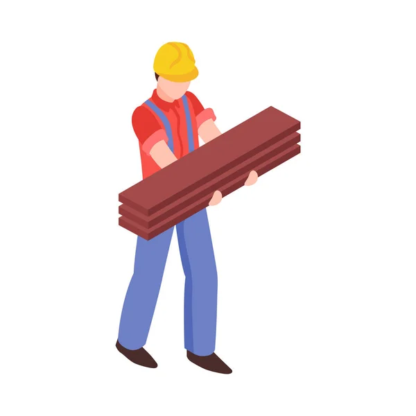 Lumberjack Usando Hardhat Llevar Tablones Madera Vector Isométrico Ilustración — Vector de stock