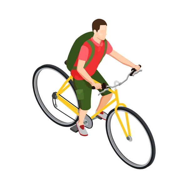 Isométrique Cycliste Icône Homme Voyageant Vélo Avec Illustration Vectorielle Sac — Image vectorielle