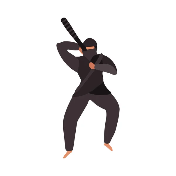 Ninja Con Katana Detrás Ilustración Vector Plano Espalda — Vector de stock