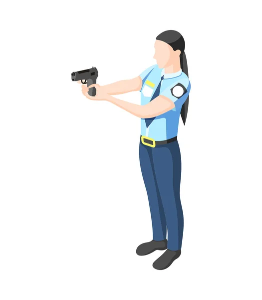 拳銃アイソメトリックベクトル図を保持する女性警察官 — ストックベクタ