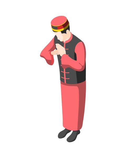 Asian Man Traditional Costume Doing Greeting Gesture Isometric Vector Illustration — Stock Vector