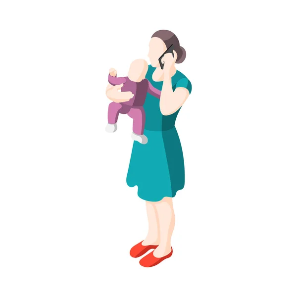 Izometryczna Gospodyni Domowa Trzymająca Dziecko Mówiąca Przez Telefon Ilustracja Wektora — Wektor stockowy