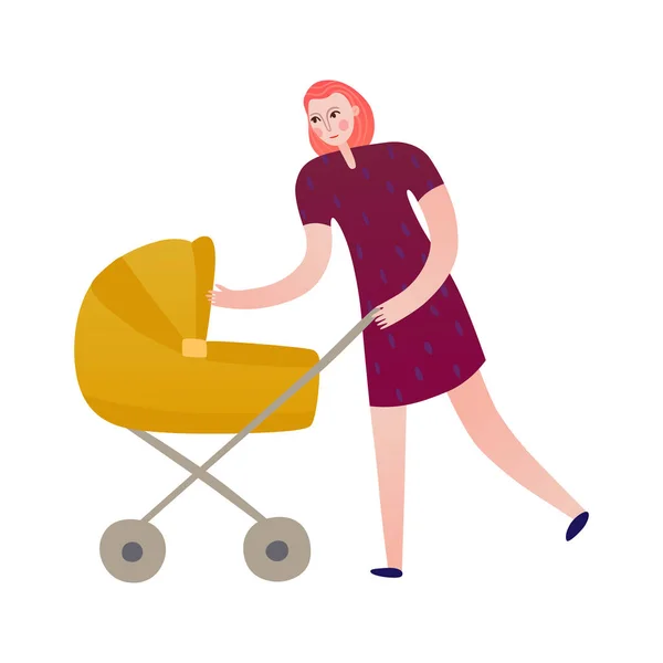 Woman Walking Baby Carriage Flat Vector Illustration — Stock Vector