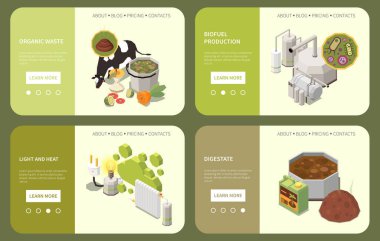 Biyoyakıt üretimi organik atık enerji tüketimi sindirme izometrik yatay web pankartları izole edilmiş 3d vektör ilüstrasyonunu ayarladı