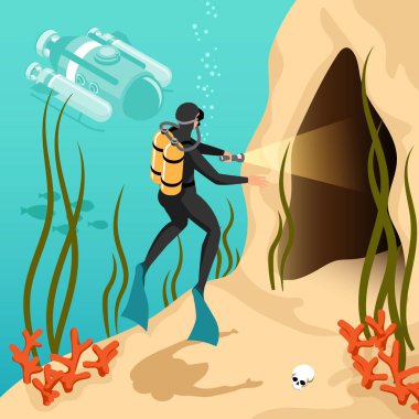 Sualtı keşfi izometrik karikatür arka planında scuba dalgıcı el feneri vektör çizimi ile sualtı mağarasını aydınlatıyor