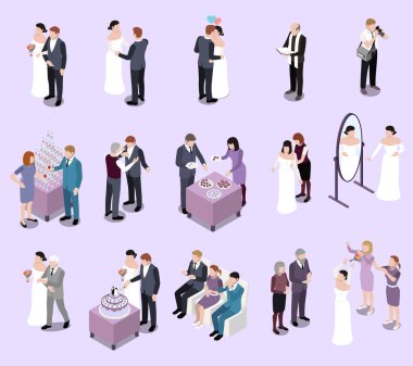 Nikah evliliğinin izometrik simgeleri, insan karakterleriyle izole edilmiş gelin ve damat vektör çizimleri.