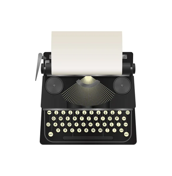 Realistische Schwarze Vintage Schreibmaschine Mit Leerem Blatt Papier Vektorillustration — Stockvektor