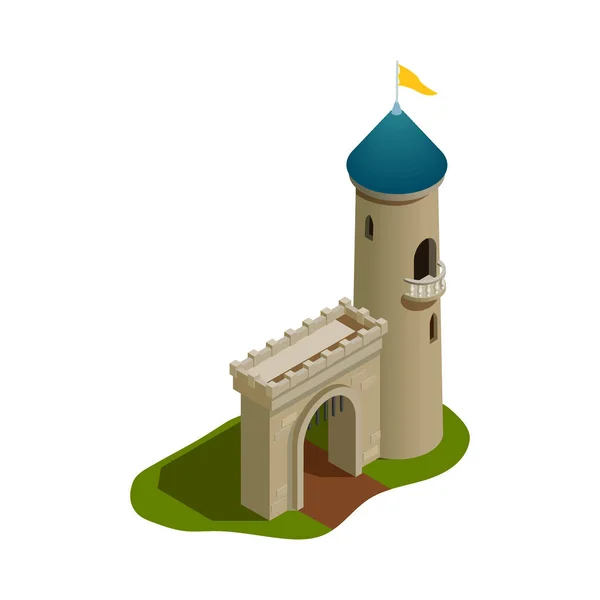 Portão Entrada Fortaleza Castelo Medieval Com Ilustração Vetor Isométrico Torre — Vetor de Stock