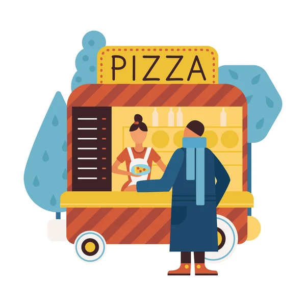 ベンダーと顧客フラットベクトルイラストと公園のピザフードカート — ストックベクタ