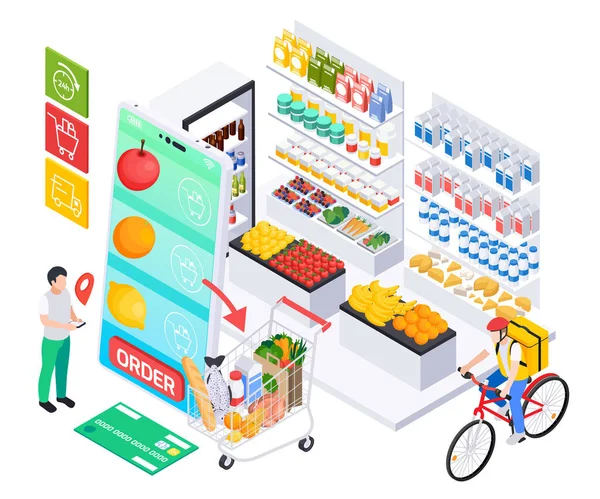 网上外卖食品定单递送服务等量组成 超级市场货架上有新鲜产品 并附有运送者病媒说明 — 图库矢量图片