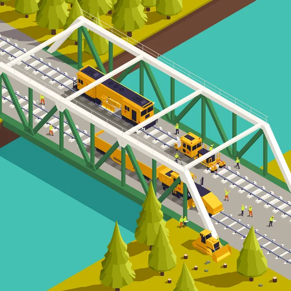 铁路轨道铺设施工车辆铁路设备机械等距组成与外看铁路桥矢量图解 — 图库矢量图片