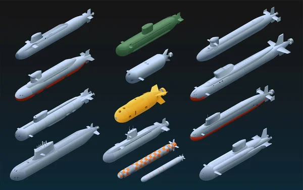 Conjunto Isométrico Submarinos Con Imágenes Aisladas Unidades Submarinas Con Cohetes — Vector de stock