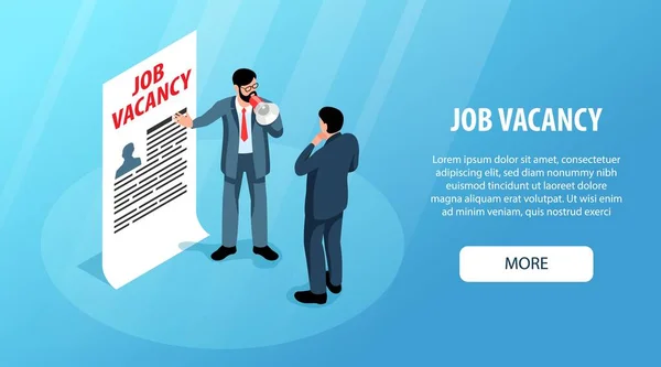 Job Vacancy Horizontal Banner Demonstrating Manager Megaphone Engaging Recruitment Isometric — Stock Vector