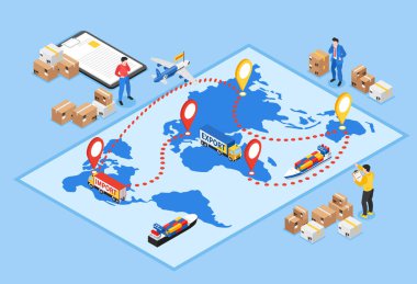 Depo çalışanları ile Isometric ihracat bileşimi ve rotalı dünya haritası ve hareket halindeki kargo araçları çizimi